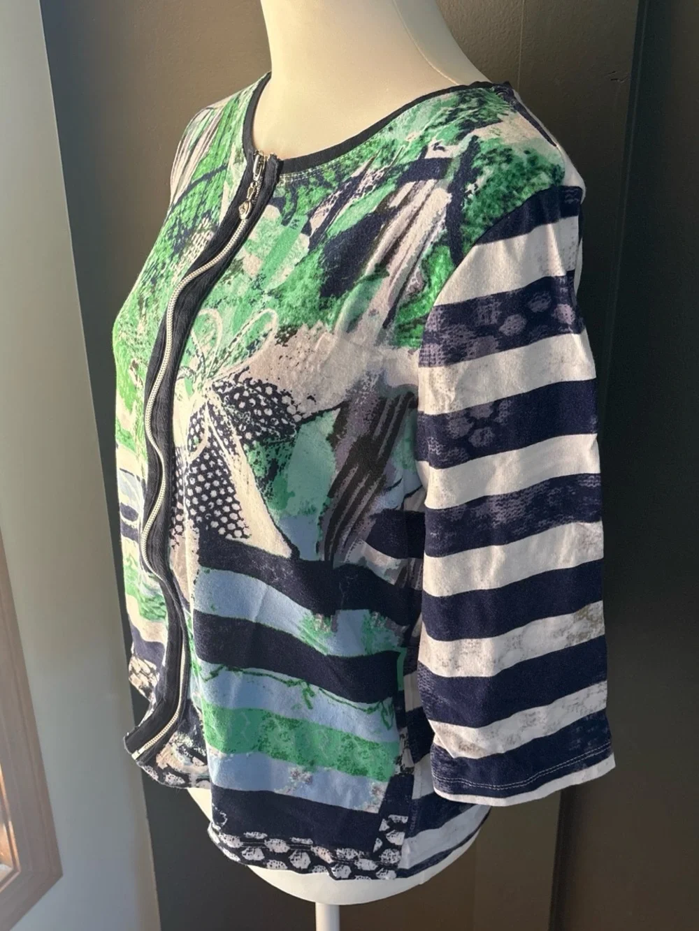 Onque Casual Zip Front Top Blue Green Stripe Floral Lightweight Jacket PM Y2K